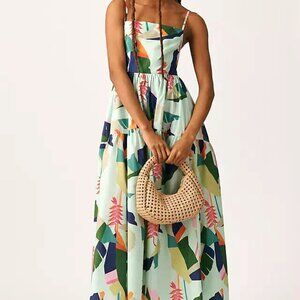 Farm Rio Tie Back Dress Square Neck Tiered Tropical Dress